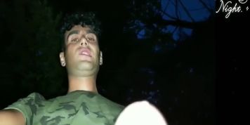 Twink cums while he is walking through night forest