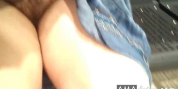 Hairy mature flashing in the shop