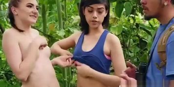 Slutty Kelsey Kage takes a threesome in the forest