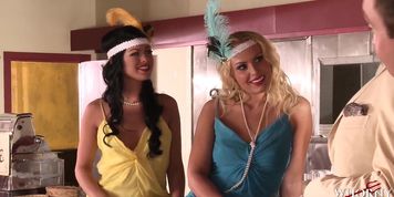 WHORNY FILMS 1920s orgy parody two blondes and a brunette share a set of cocks (Lisa Ann, Sunny Leone)