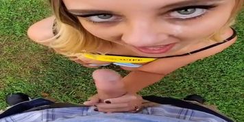Sexy tan blonde surprises landscaper with a sloppy blowjob (cum in throat)