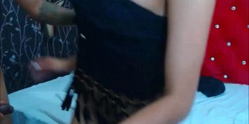 Blond ladyboy in black lingerie fucked from behind