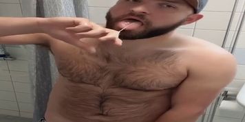 Drooling on my hairy chest and eating my cum