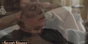 Stepdad penetrates teen's hairy pussy on the bed