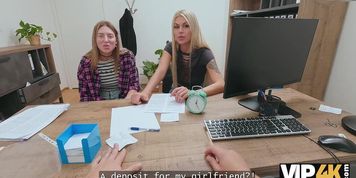 VIP4K. Naughty blonde lesbian didnt see a problem to fuck on a job interview in front of her girlfriend (Zlata Shine)