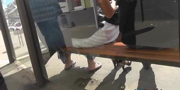 Cute upskirt cutie on a but stop