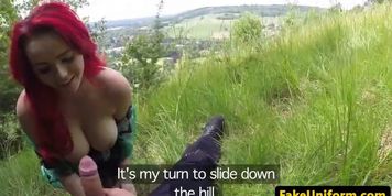 Busty UK redhead riding cops dick outdoors