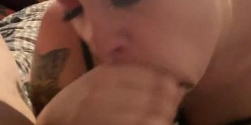 Shaved head bald babe loves to swallow dick