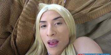 Smalltitted ladyboy jerks her cock at casting
