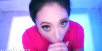 Busty Brunette gives Sloppy Deep Throat, Massage and Oral Creampie