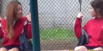 Sporty asian babes peeing outdoors