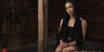 Bound ebony dildo gagged and fucked on hogtied