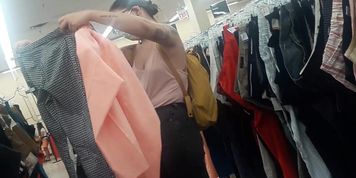 Small boobs girl BRALESS with hard nipples shopping