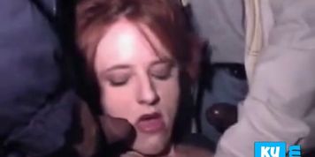 Mature woman blowbang in porncinema - video 1