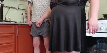 Before Lunch, My Chunky Neighbor Gives Me A Slimy Handjob And Swallows Every Drop On My Dick
