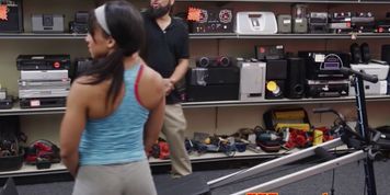 Black pawnshop babe fucked during exercise
