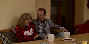 DADDY4K. Old man and beautiful teens relax together in living room