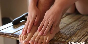 Teen with Extremely Hairy Pussy Fucks Dildo on Kitchen Table