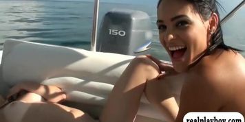 Two sexy girls enjoyed foursome action on speed boat