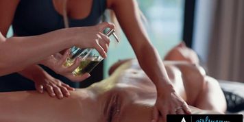 Hot Masseuse Emma Hix & Her Coworker Help Busy Client Relax Fast! 3-Way Oil (Anna Claire Clouds)