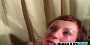 Brunette cum spattered bukkake (Well Hung)
