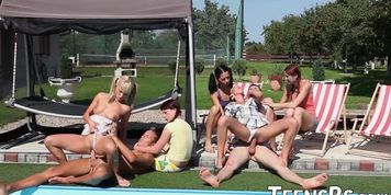 Petite teens tease naked guy at the pool before fucking them (Bella Donna, Brigitte Lahaie, Kattie Gold, Venus Delight)
