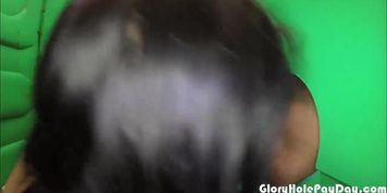 Latina swallows cum at construction site in public porta potty glory hole