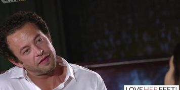 Hot sexy brunette seduces a handsome waiter in the club and gets fucked right there on the armchair