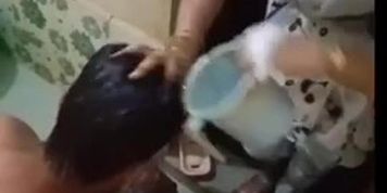 Indian Wife Giving A Fantastic Blowjob After Bathing Her Husband Clean