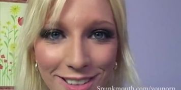 Hot Blonde Alexa Lynn sucks two cocks and gets a cum facial