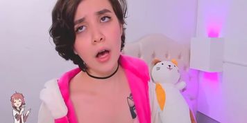 Skinny Tattooed Brunette With Small Boobs Masturbating And Riding A Dildo