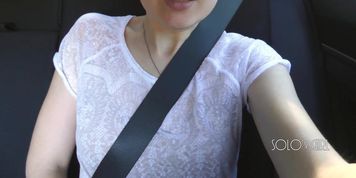 Innocent schoolgirl plays with pussy in Uber, until driver sees, public masturbation in a taxi