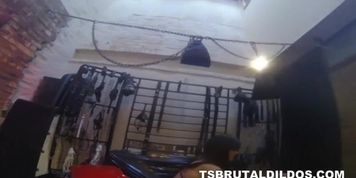 Sexy brunette transgender taking a thirty inch brutal dildo all the way in her amazing asshole