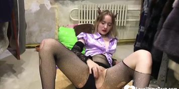 Cute girl in pantyhose plays with her hole