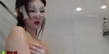 Korean BJ masturbates in the shower