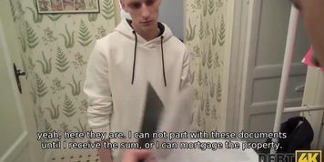 Debt4k. Slender miss sucks cock and has anal sex with rude collector
