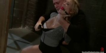 Gagged and bound blonde get electric shocks