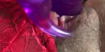 Rabbit vibrator inside pink teen pussy with red lace panties