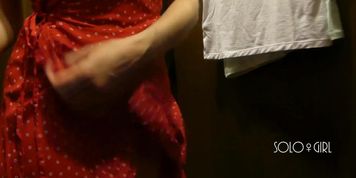 Hot girl play with pussy and boobs in the dressing room, public masturbation