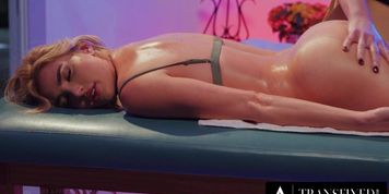 TRANSFIXED - Redhead Trans Shiri Allwood & Jean Hollywood Give Kenzie Anne Oiled Massage With Facial
