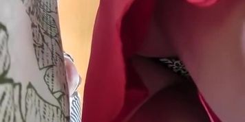 Hot ass blonde in short red dress upskirt
