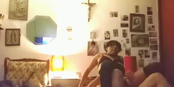 Latino Femboy in Chastity riding old man (Alison Webb)