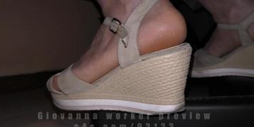 Wedges and feet worship, dirty soles licking under desktop