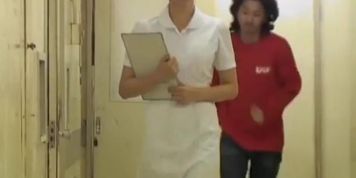 White pantyhose and sexy panty on Japanese nurse in video