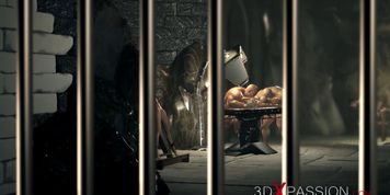 Young fashion girl gets fucked by big monsters in basement