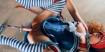Little sailor chained to the floor cums continously with a fucking machine part 2