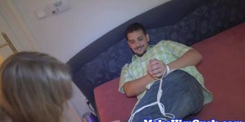 Cuckolding euro humiliates her bf