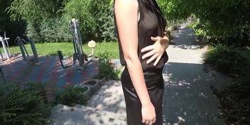 I walk at park without bra, jerk off guy in car, turn him on, but let him cum on me only in evening!