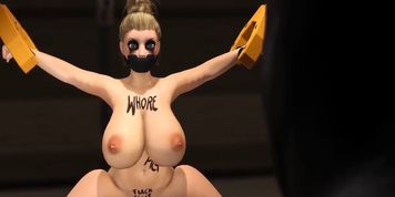 3DXPASSION - Horny blonde in restraints gets fucked hard by a black man in a mask