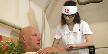 Naughty Nurse Sara Bell Sucks Off Her Old Geezer Patients Huge Dick